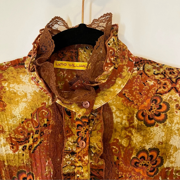 VINTAGE Lloyd Williams Long Sleeve Blouse Print Plisse Lace Trim High Neck (CN) - Picture 7 of 16